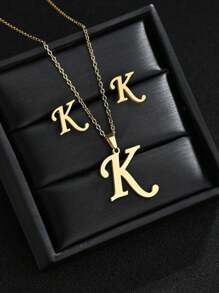1 Set A-Z Stainless Steel Initial Necklace And Stud Earrings Jewelry Sets Alphabet Letter Pendant Chain Accessories Gifts