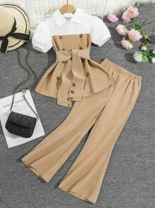 Set casual pentru fete, 2 piese, top cu guler cu nasturi, mânecă scurtă, color block, și pantaloni evazați minimalisti, ținută de primăvară/vară, potrivită pentru exterior, ținute casual, cadouri, petreceri, școală, întoarcerea la școală