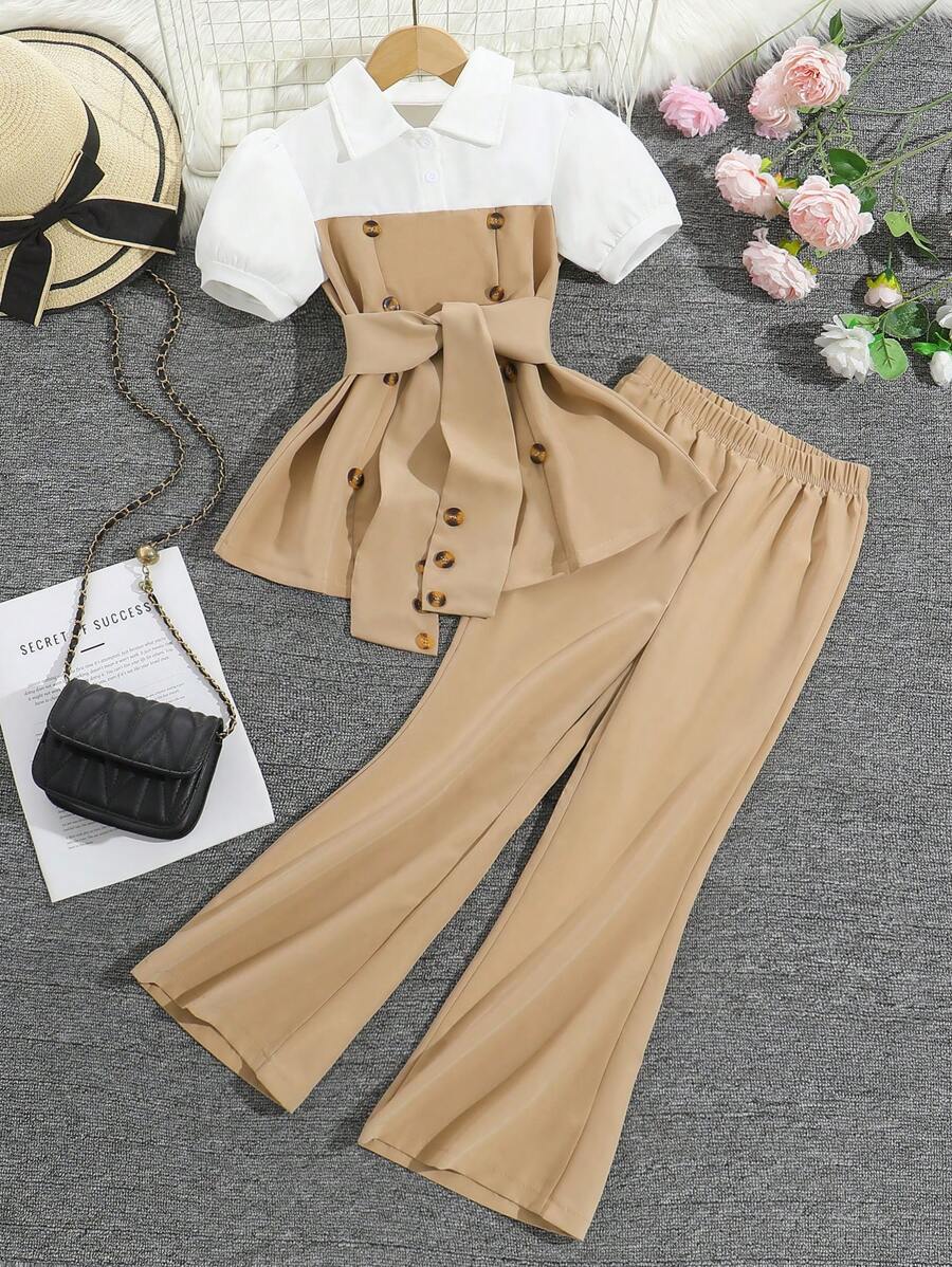 Set casual pentru fete, 2 piese, top cu guler cu nasturi, mânecă scurtă, color block, și pantaloni evazați minimalisti, ținută de primăvară/vară, potrivită pentru exterior, ținute casual, cadouri, petreceri, școală, întoarcerea la școală