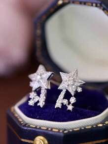 2pcs S925 Sterling Silver Fashionable All-Match Elegant Cubic Zirconia Star-Shaped Earrings, Suitable For Women's Daily Wear, Gifts, Festivals, Parties, Jewelry
