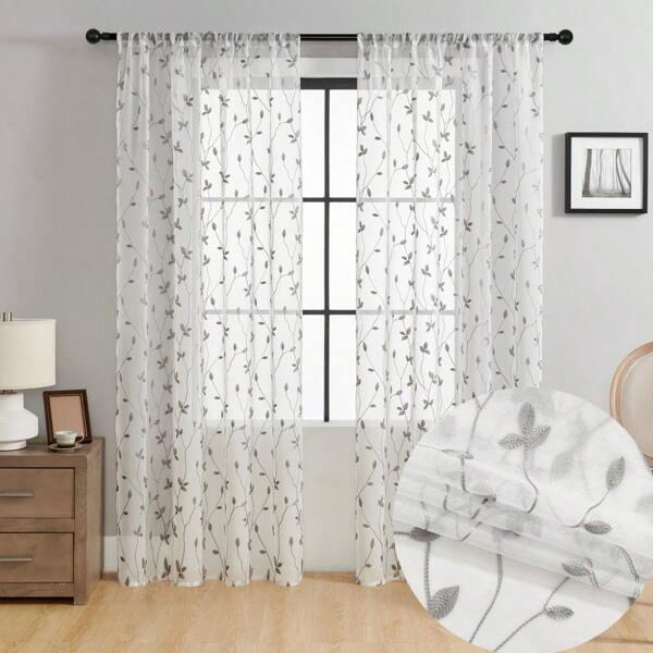2pcs Sheer Curtains With Embroidered Leaf Pattern, Faux Linen Floral Semi-Transparent Voile Curtains For Bedroom, Living Room