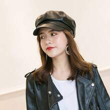 Faux Leather Octagonal Hat, Vintage Versatile Net Celebrity Style Beret, Autumn/Winter - Black - View 4