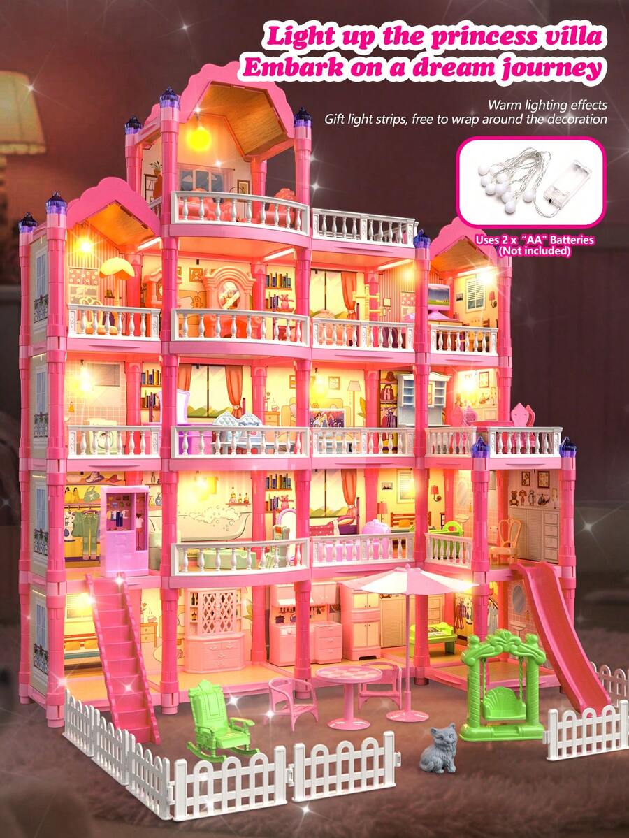 女孩浪漫公主娃娃屋，DIY组装城堡模型玩具套装，含家具，多房间，阳台，LED灯，不同风格，是送给小女孩节日的理想礼物