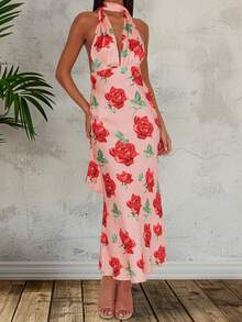 Women's Summer Halter Long Dress Floral Print Backless Slim Fit Dress For Beach, Party - Pink - View 3