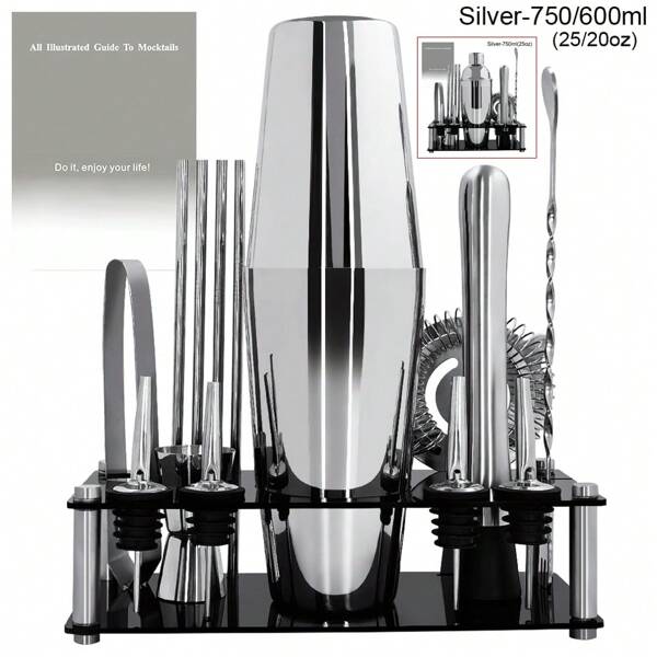 KCJLHGT 14-Piece Cocktail Shaker Set Bartender Kit With Black Stand, Bar Tool Set For Drink Mixing Bartending Kit Bar Sets Accessories: 750ml(25oz) ,750/600ml(25/20oz) Shaker, Jigger, Muddler, Cocktail Recipes