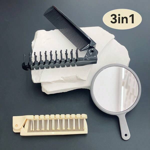 NEFOUME 1 Set Peineta plegable portátil - Peineta de doble cara y set de espejo de viaje | Dientes gruesos/de nailon para cabello liso/rizado | Cuidado del cabello anti-estática y anti-regalo