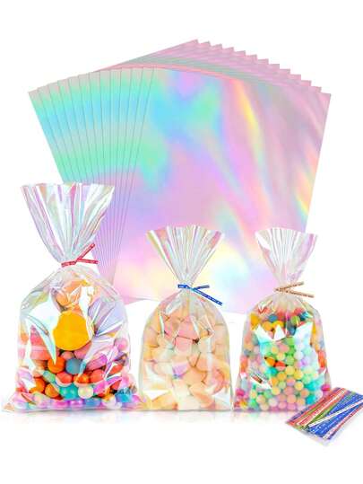 50个全息玻璃纸礼品袋，彩色玻璃纸袋，带扭绳的全息派对礼品袋，适用于庆祝活动、婴儿派对、婚礼、生日派对礼品包装