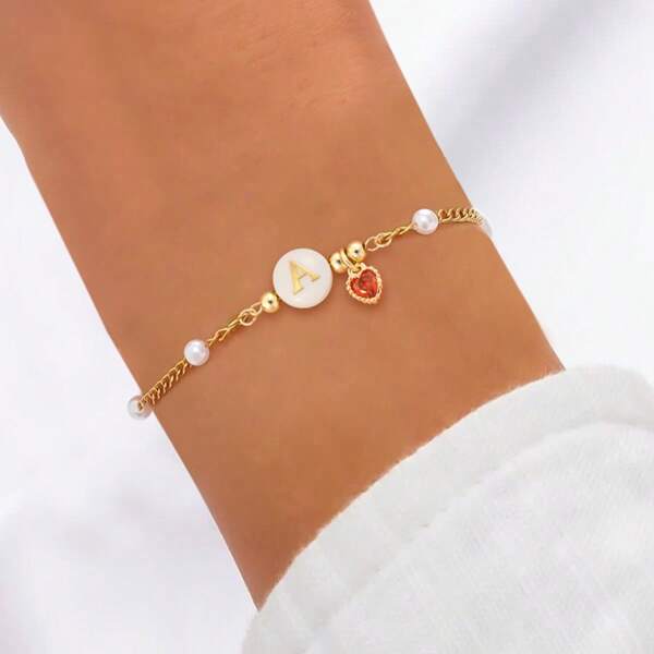 1 peça simples clássico redondo concha inicial cristal artificial coração pingente contas corrente pulseiras para mulheres
