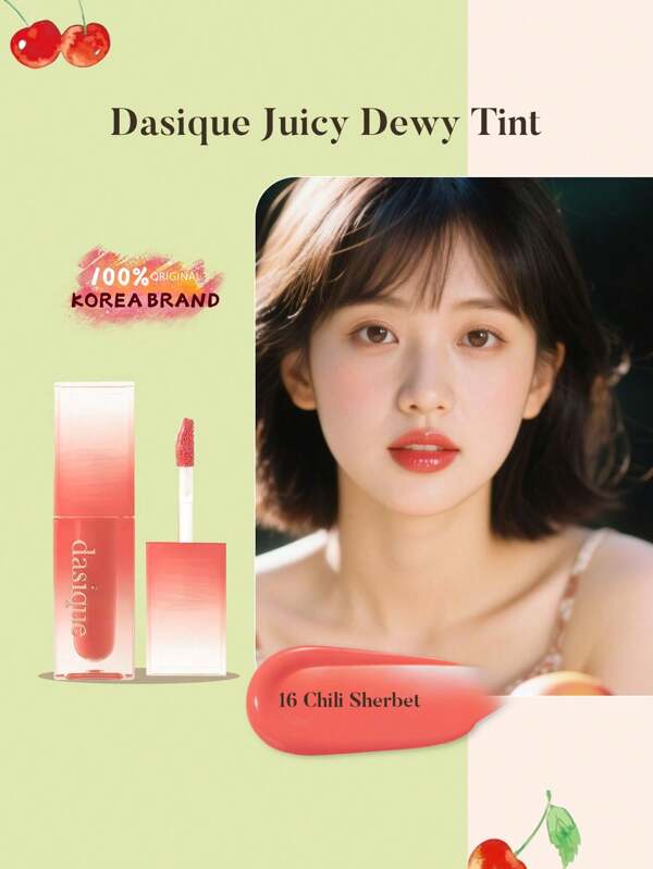 Dasique Dasique Juicy Dewy Tint #16 Chili Sherbet, Long-Wearing Glossy Lip Stain, High Pigment, Moisturizing, Lightweight, Glow-Boosting, Non-Sticky, Vegan, Cruelty-Free, K-Beauty, Korean Makeup, 3.5g/0.12oz