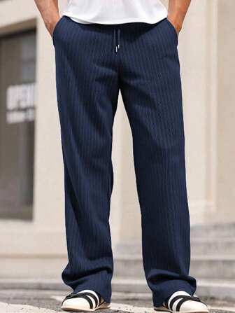 1pc Men's Casual Loose Solid Vertical Striped Textured Drawstring Pocket Straight Leg Pants, Suitable For Summer