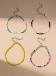 1 conjunto de 4 tornozeleiras de contas boêmias, pulseiras coloridas de contas e pingentes feitas à mão, adequadas para uso diário feminino e festas na praia