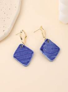 1 par de pendientes con colgante de cerámica en forma de rombo, estilo vintage y retro, color azul, adecuado para vacaciones, fiestas y uso diario