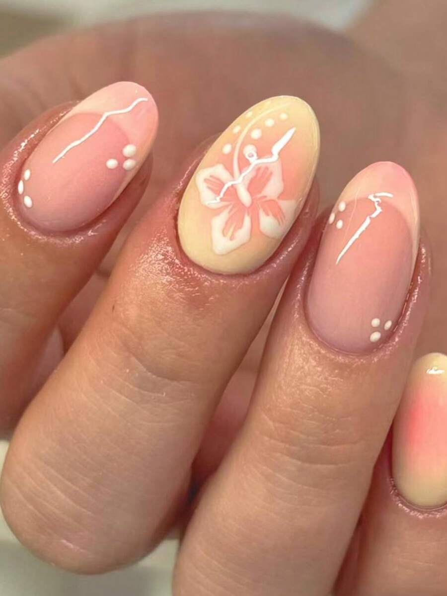 24pcs Oval Gradient Acrylic Nail Stickers, Includes 1pc Jelly Gel And 1pc Nail File, Easy To Apply, Suitable For Summer Nails And Floral Nails, Suitable For Women And Girls For Daily, Party And Other Occasions - Multicolor - View 1