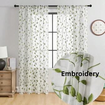 2pcs Sheer Curtains With Embroidered Leaf Pattern & Pockets, Faux Linen Floral Semi-Transparent Voile Curtain For Bedroom & Living Room