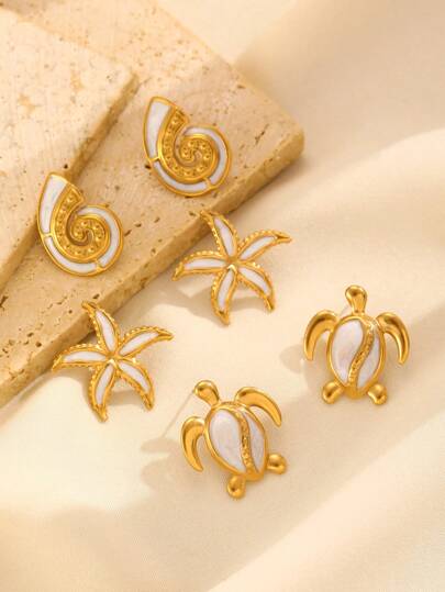 1 para eleganckich muszli, żółwia, rozgwiazdy, kolczyki ze stali nierdzewnej dla kobiet, modne dodatki w stylu oceanicznym, odpowiednie na plażę, imprezę, do codziennego noszenia