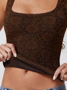 Women's Lace Tank Tops Sleeveless Square Neck Solid Color Slim Fit Tops Casual Summer Shirts - Dark Brown - View 3
