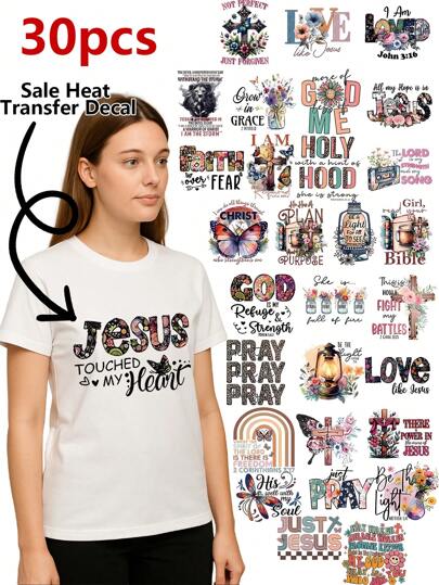 30pcs Inspirational Faith God Heat Transfer Stickers, 30pcs DTF Transfer Stickers, Ready To Iron Jesus Heat Transfer Stickers, Heat Transfer Stickers, For T-Shirt, Hoodie DIY Crafts