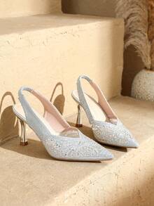 Women's Pointy Toe Rhinestone Decor Strap High Heel Sandals, Suitable For Daily Wear, Party, And Banquet, Spring/Summer - Silver - View 1