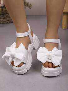 1 Pair Girls' Fashionable Thick Soled Sandals With Bow, Sweet And Cute, Suitable For Children, Casual Wear For Travel And Resort In Summer