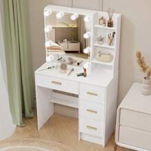White Dressing Table With LED Makeup Mirror And 7 Shelves 4 Drawers Vanity Desk