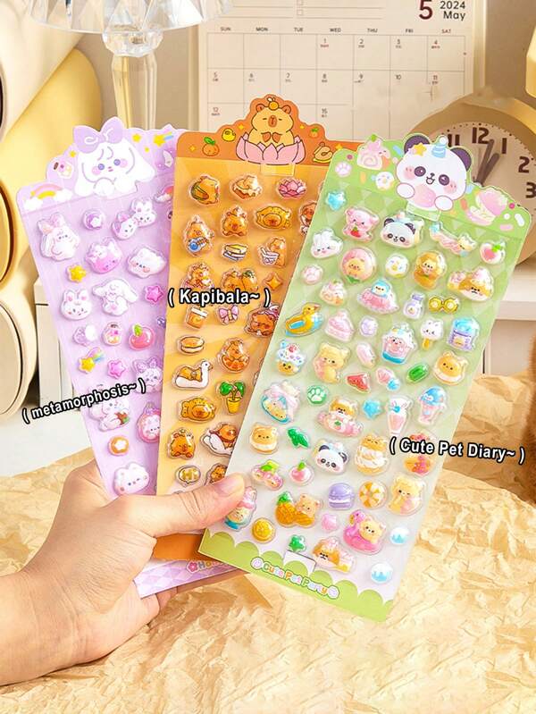 3pcs/2pcs/1pc Cartoon 3D Stereo Embossed Stickers, Water Cups Fun Decorative Glue Card Craft Materials Stickers, Cute Goo Card Patches Transparent Crystal Stickers DIY Reward Waterproof Stickers
