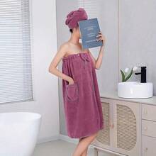 Cască de duș din două piese, fără bretele, prosop de baie în culoare solidă, decorațiune cu fundă, halat de baie reglabil, potrivit pentru femei, saună, plajă, piscină, sală de sport, rochie de duș pentru călătorii, rochie de duș