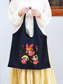 THE POWERPUFF GIRLS Cartoon Police Girl Printed Canvas Tote Bag, Large Capacity Casual Shoulder Bag, Versatile For Outdoor, Commute