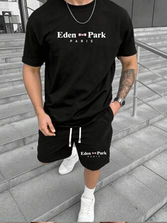 2 pièces/set T-shirt à manches courtes d'été et short pour hommes, imprimé lettres stylé, vêtements décontractés pour l'extérieur, pantalon sport avec poches et cordon de serrage à la taille, convient pour la course, le golf, la pêche, le basketball, le camping, la gym, la natation et la plage. Excellent cadeau pour un mari ou un petit ami.