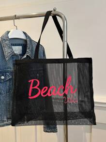 New Fashion Simple Summer Vacation Beach Casual Extra Large Capacity Net Fabric Letter Print Oversized One Shoulder Tote Bag