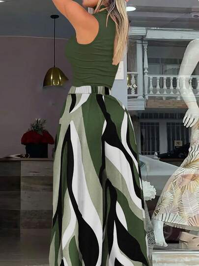 Commute/Date Night Elegant Set: Elastic Knit Sleeveless Mock Neck Cropped Top + Flowing Wide Leg Pants, Geometric Pattern + Side Pockets, Suitable For Outings Summer