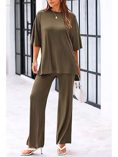 Set de 2 piezas de ropa informal de verano para mujer con blusa de manga corta holgada y pantalones anchos para usar en casa/como ropa deportiva