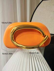 Bolsa clutch laranja, bolsa feminina para festa noturna, bolsa redonda em formato de caixa, mini bolsa vintage com alça de metal e corrente, versátil - Laranja - Ver 3
