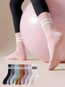 1 Pair Anti-Slip Breathable Sports Yoga Socks, Silicone Non-Slip Simple Striped Mid-Calf Socks Suitable For Home Fitness, Gym, Outdoor Sports, Yoga, Dance, Pilates, Indoor Shock-Absorbing Workout Socks