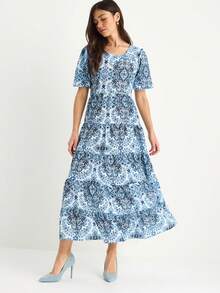 BIANCO LUCCI Women's Round Neck Balloon Sleeve Patterned Linen Textured Long Dress - Blue - View 7