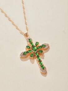 1 peça colar elegante de zircônia verde com cruz, colar de oração, joias femininas para presente