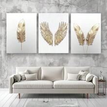 3 Stücke goldene Federn Engelsflügel moderne Poster Wandkunst, Bilder, Leinwandmalerei, ideal als Geschenk für Raumdekoration Wohnheim, Badezimmerdekoration, ohne Rahmen 50x70cm