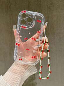 1pc Cherry Heart Design Mobile Phone Case & Beaded Lanyard, 1pc Transparent Shockproof Wave Pattern Phone Protective Cover, Fit For IPhone 11 12 13 14 15 16 Pro Max Mobile Accessories
