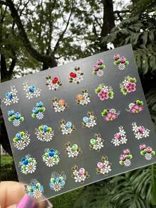 100 Adesivos de Unhas 3D Pré Pronto Desenhos Flores e Borboletas (Tem que Finalizar com Base) - Multicolorido - Visão 7