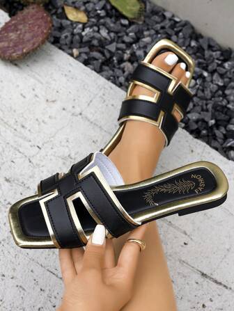 New Arrival Women's Sandals, Flat Square Toe Design, Lightweight & Comfortable, Dopamine Color Matching, Mixed Style, One-Piece Slip-On, Casual Home/Outdoor, Lazy Slip-On, Leisure Vacation Chic Beach Slippers