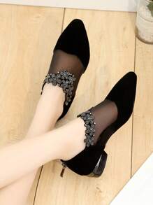 Elegant Spring & Summer Women's Rhinestone Decorated Mesh Sandals - Pointed Toe, Low Heel, Flat, Non-Slip Rubber Sole, Zip Closure, Black, Comfortable Casual