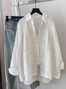 Plus Size Women Pocket Shirt, Solid Color Long Sleeve Casual Loose White Blouse, Autumn