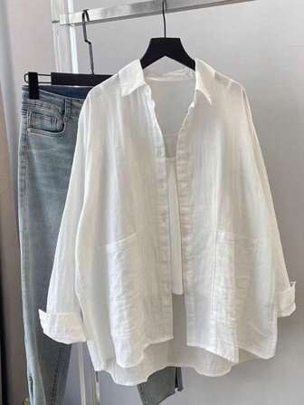 Plus Size Women Pocket Shirt, Solid Color Long Sleeve Casual Loose White Blouse, Autumn