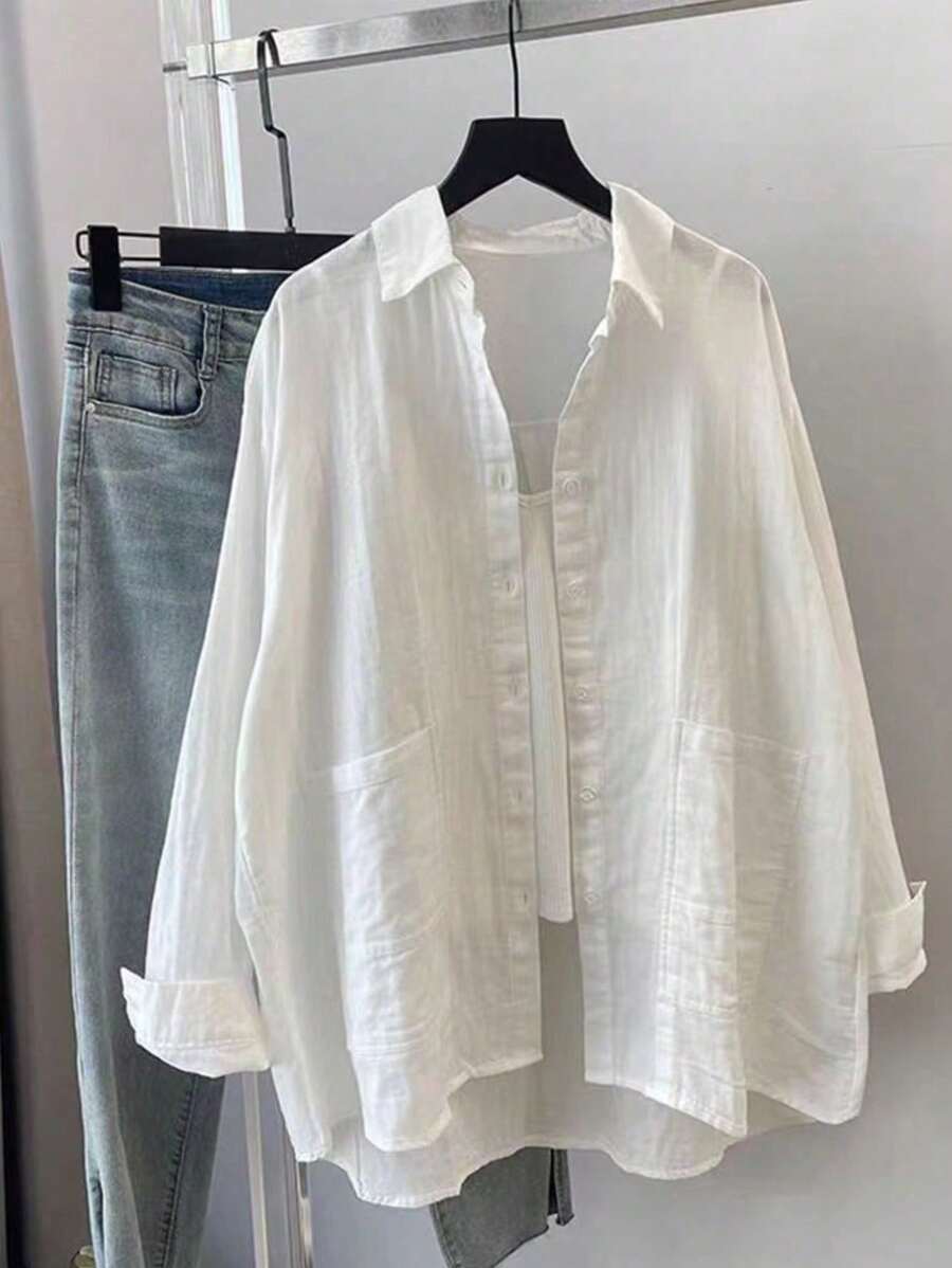 Plus Size Women Pocket Shirt, Solid Color Long Sleeve Casual Loose White Blouse, Autumn