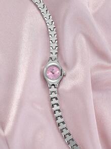 jw 1 Pieza Reloj de mujer Premium de color rosa, dulce y delicado, con caja de aleación redonda, esfera de moda con escala de cristales, reloj de cuarzo elegante, fácil de llevar, adecuado para decoración diaria, regalo de vuelta al colegio para estudiantes