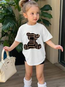 女童创意几何小熊印花短袖T恤，夏季 - 白色 - 查看 1