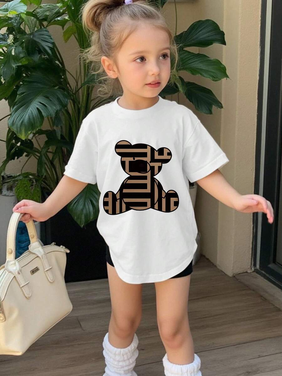 女童创意几何小熊印花短袖T恤，夏季 - 白色 - 查看 1