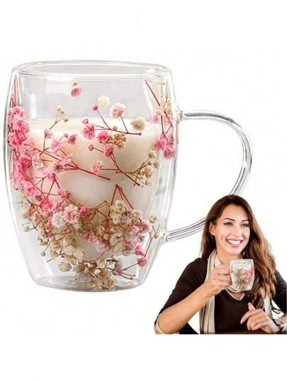 1pc Double Layer Glass Coffee Cup With Dried Flowers, Heatproof And Insulated Cup Suitable For Hot And Cold Drinks - Great For Iced Coffee, Sparkling Water, Fruit Tea, Juice, And Latte, Ideal For Weddings, Parties, And Home Use