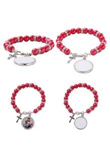 Pulseira personalizada com foto, Pulseira personalizada com foto redonda de pérolas, Pulseira colorida com foto redonda de pérolas, Ajustável, Presente de Natal vermelho da moda, Moda de outono, Casual, Minimalista
