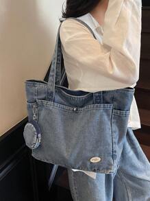 New Fashion Casual Solid Color Washed Canvas Women Tote Bag With Multiple Pockets, Shoulder Bag, Large Capacity Suitable For Commuting & Shopping,Including Coin Purse