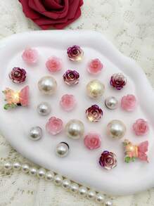 24pcs Pink Flower & Butterfly, Pink Ombre Rose, Purple Ombre Rose ABS Pearl Shoe Clips For Women, Multifunctional Sandal, Slipper, Beach Bag Accessories, Suitable For Holidays, Birthday Party Gifts